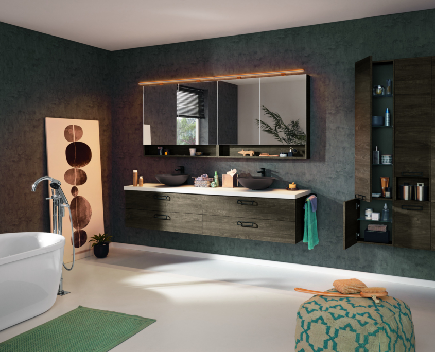 Badea Waschtischanlage mit Aufsatzwaschtisch, Spiegelschrank und Hochschrank